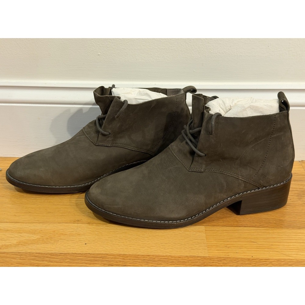 Eileen Fisher Rey lace-up ankle booties, olive-gray tumbled nubuck leather, 10